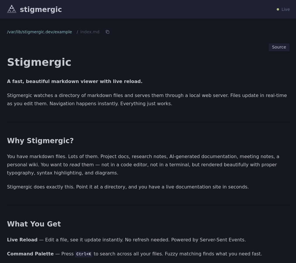 Stigmergic rendering markdown with the Iceberg Dark theme
